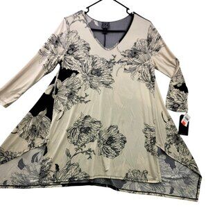 Clara Sun Woo Womens Black Cream Floral High-Low Tunic Top Small USA Made New